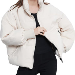 White Emily stand collar puffer jacket for women by Christine Brewer, featuring a stylish and cozy design.