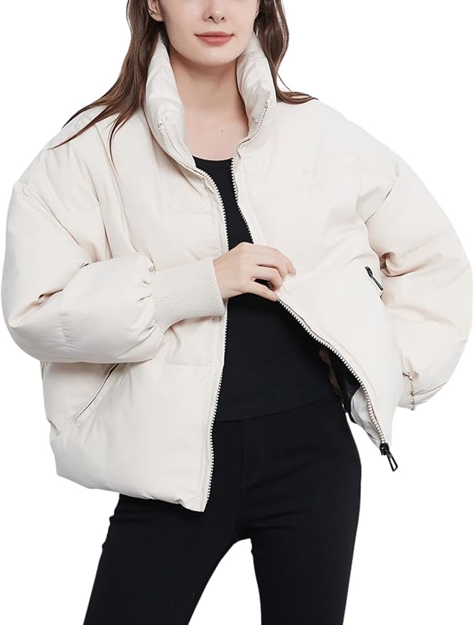 White Emily stand collar puffer jacket for women by Christine Brewer, featuring a stylish and cozy design.