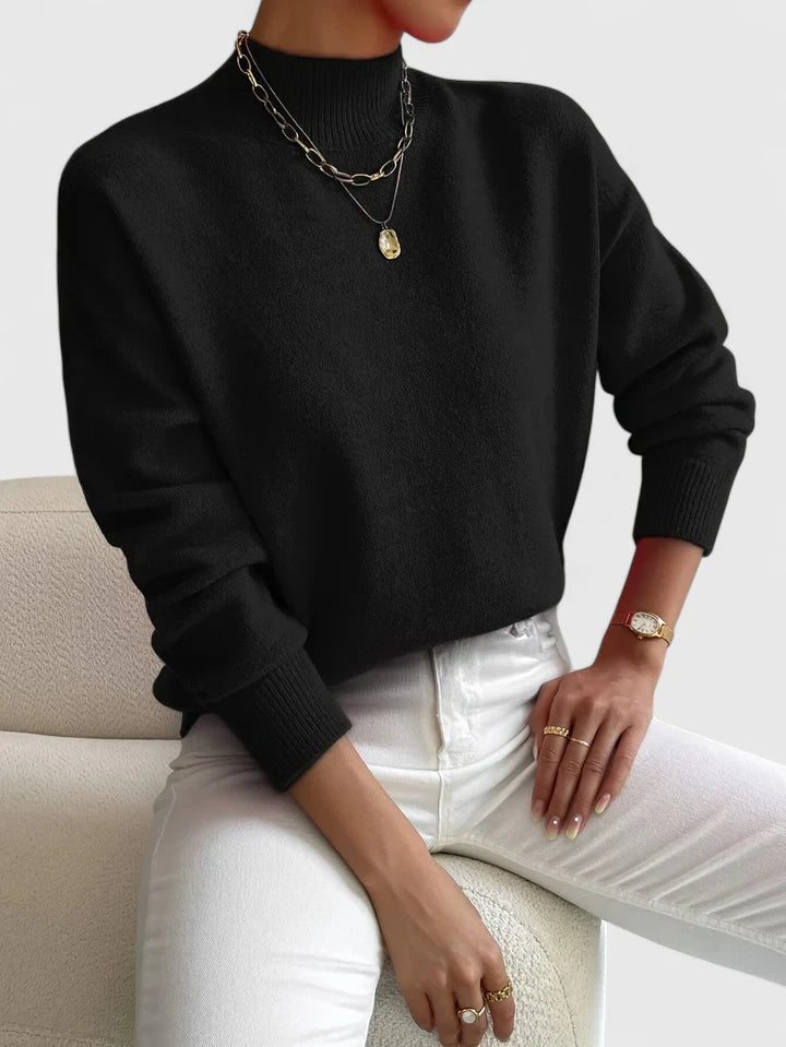 Christine Brewer Erin women's turtleneck sweater in a comfortable, elegant knit, shown in a close-up of the soft fabric and neckline.