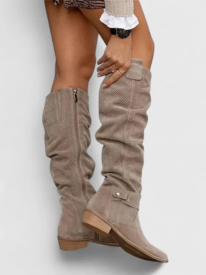 Aria1 | Knee High Boots, Women, Perforated, Block Heel, Side Zip, Buckle Strap, Riding Boots,