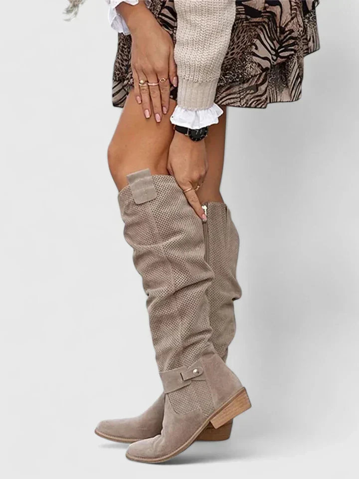 Aria1 | Knee High Boots, Women, Perforated, Block Heel, Side Zip, Buckle Strap, Riding Boots,