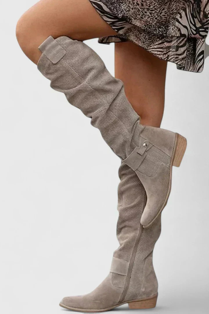 Aria1 | Knee High Boots, Women, Perforated, Block Heel, Side Zip, Buckle Strap, Riding Boots,