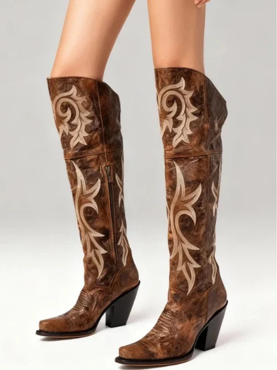 Giselle1 | Cowboy Boots, Western Boots, Women, Suede, Pointed Toe, Block Heel, Embroidered, Side Zip,