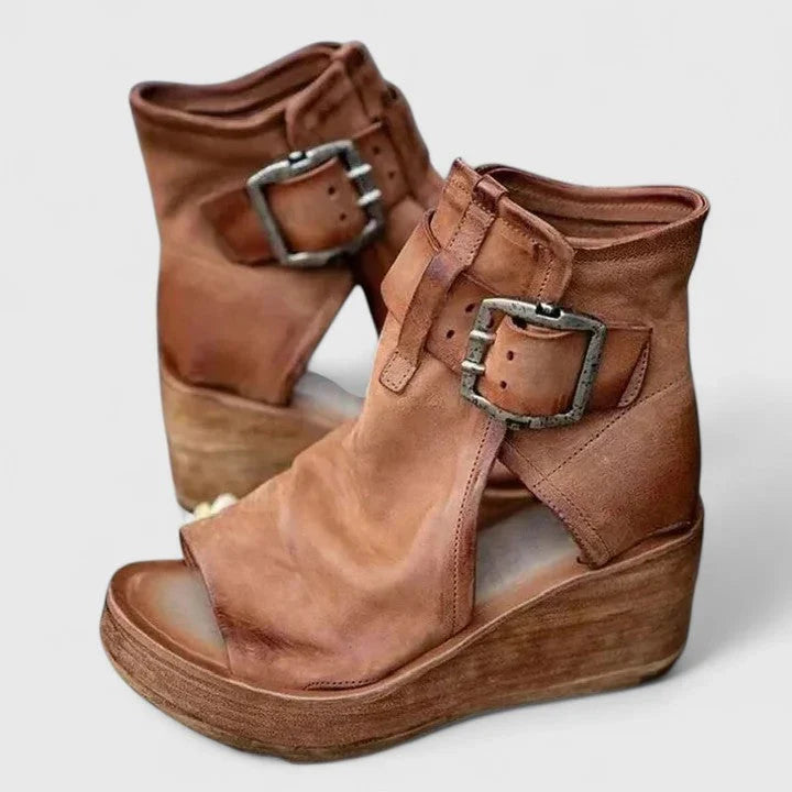 Faye | Wedge Boots Ankle Boots Booties Women Buckle Cutout Open Toe Wedge Heel Stacked