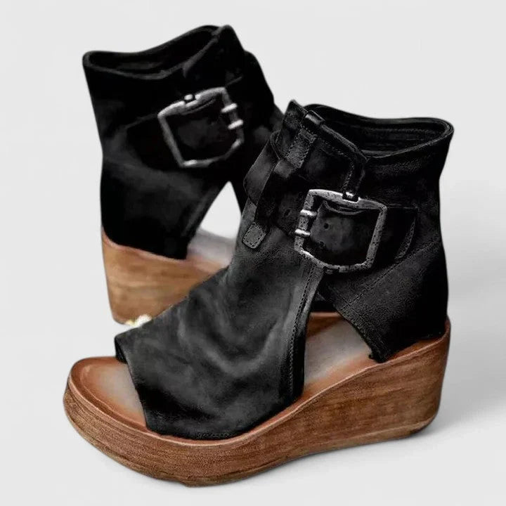 Faye | Wedge Boots Ankle Boots Booties Women Buckle Cutout Open Toe Wedge Heel Stacked