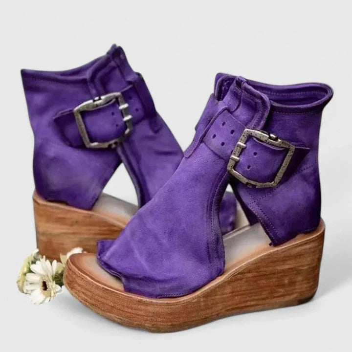 Faye | Wedge Boots Ankle Boots Booties Women Buckle Cutout Open Toe Wedge Heel Stacked
