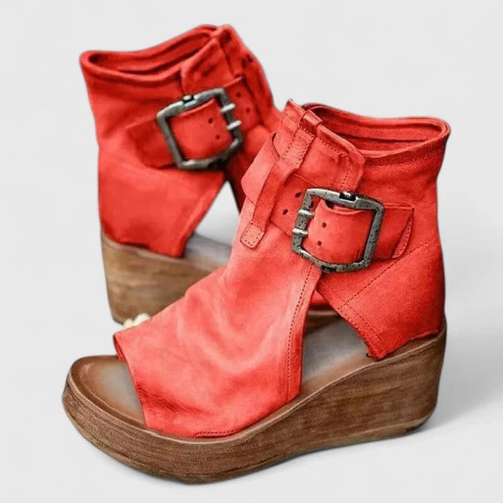 Faye | Wedge Boots Ankle Boots Booties Women Buckle Cutout Open Toe Wedge Heel Stacked
