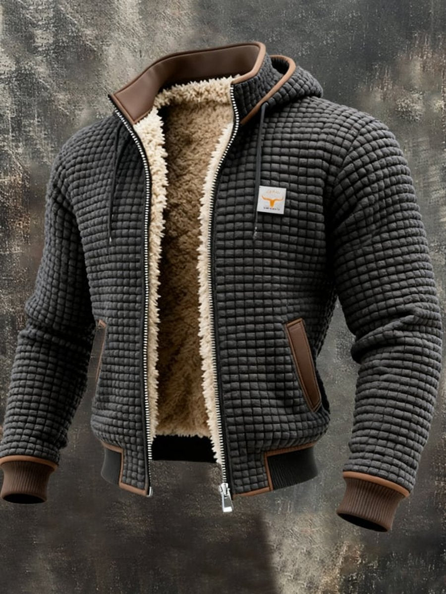 Men's quilted fleece-lined hooded zip-up thermal jacket by Christine Brewer, showing the fleece lining and quilted exterior.