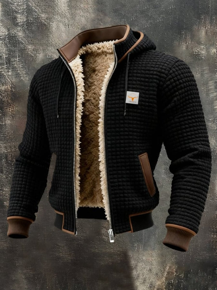 Men's quilted fleece-lined hooded zip-up thermal jacket by Christine Brewer, showing the jacket's quilted exterior and fleece-lined interior.
