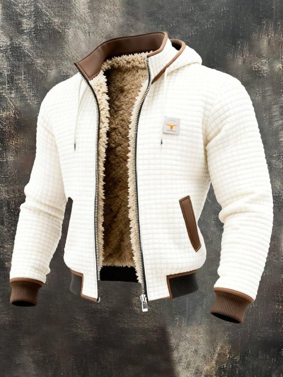Men's quilted fleece-lined hooded zip-up thermal jacket by Christine Brewer, shown in a close-up of the jacket's front.