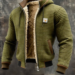 Christine Brewer men's quilted fleece-lined hooded zip-up thermal jacket with a high collar and padded design.