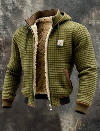 Christine Brewer men's quilted fleece-lined hooded zip-up thermal jacket with a high collar and padded design.