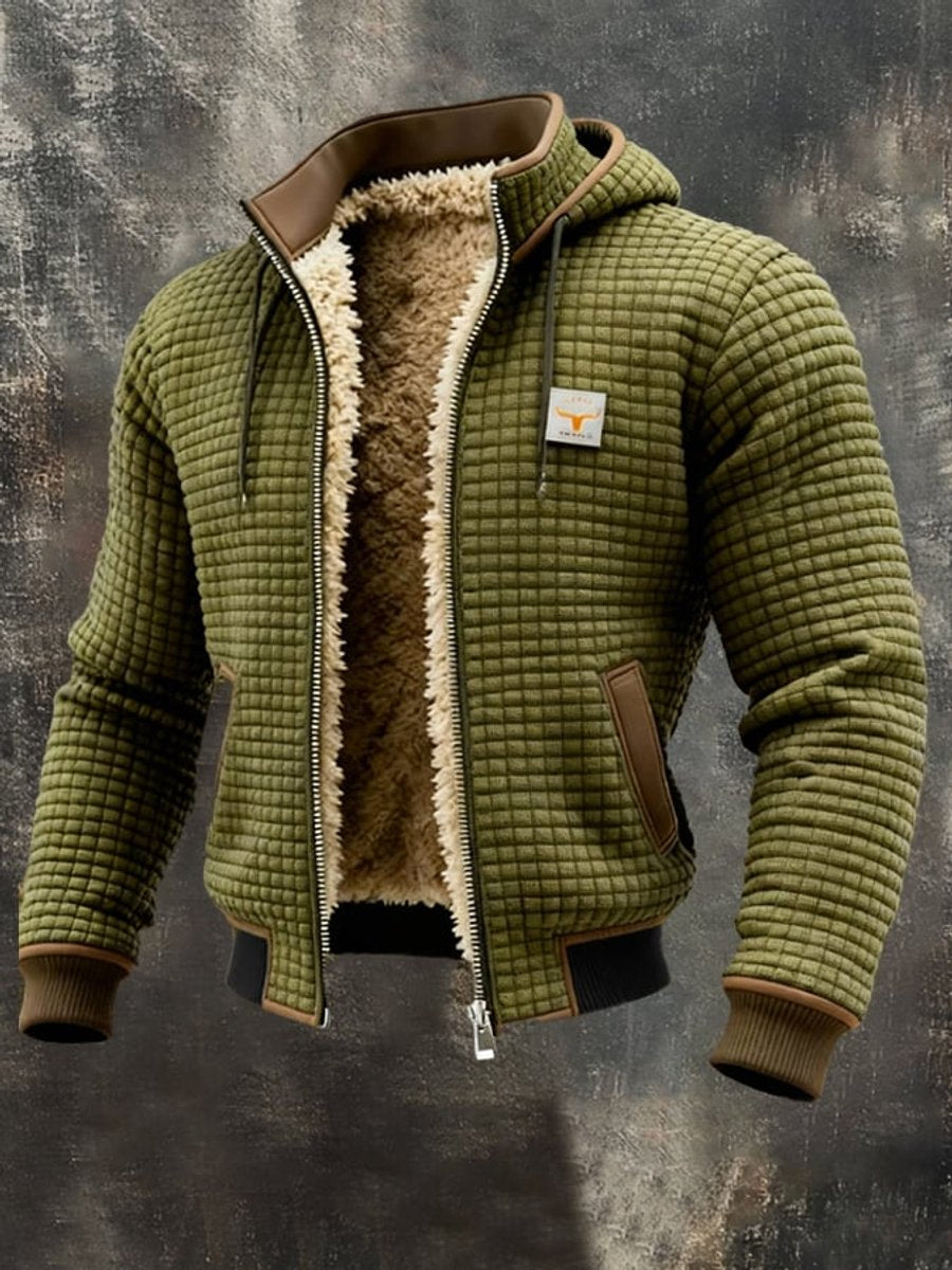 Christine Brewer men's quilted fleece-lined hooded zip-up thermal jacket with a high collar and padded design.