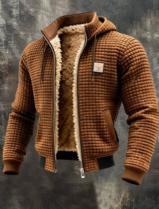 Men's quilted fleece-lined hooded zip-up thermal jacket by Christine Brewer, shown in a close-up of the warm, insulated coat.