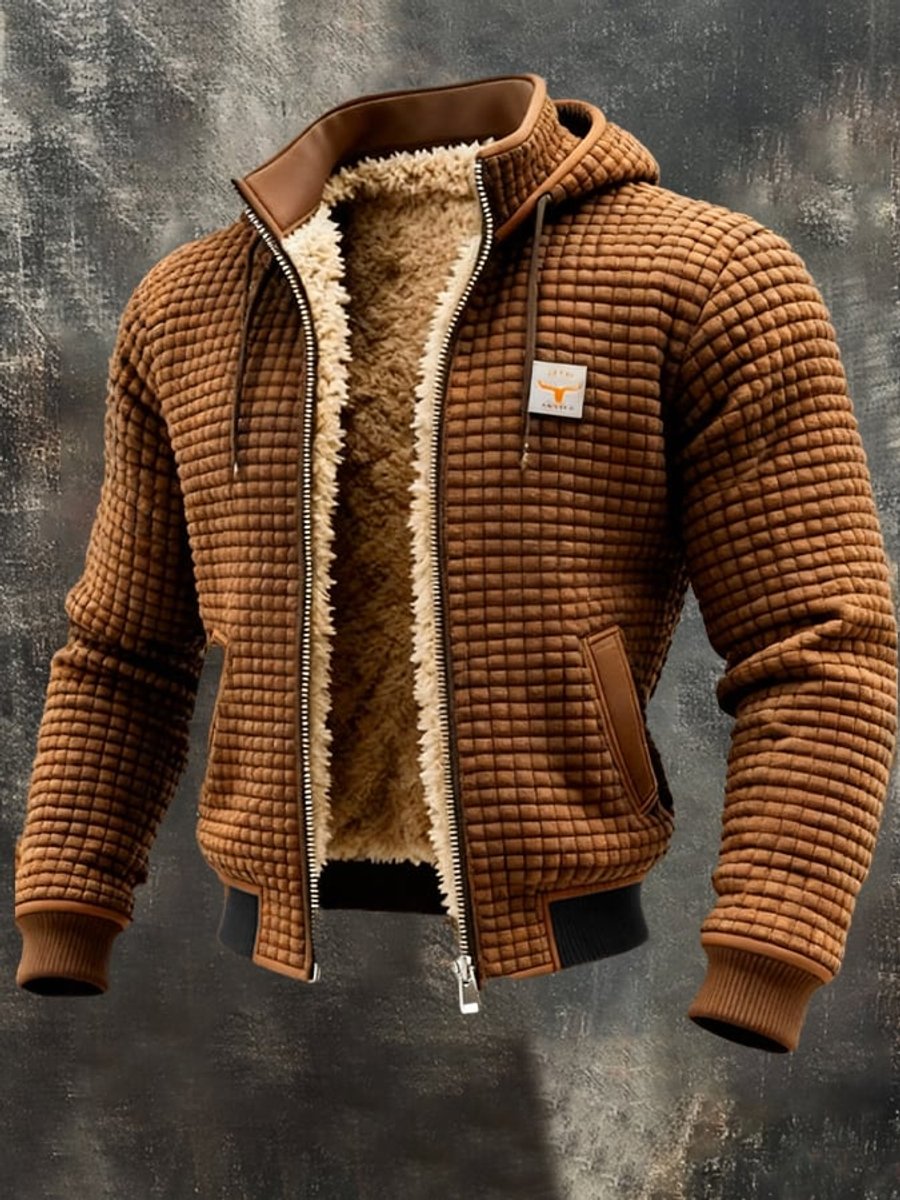 Men's quilted fleece-lined hooded zip-up thermal jacket by Christine Brewer, shown in a close-up of the warm, insulated coat.
