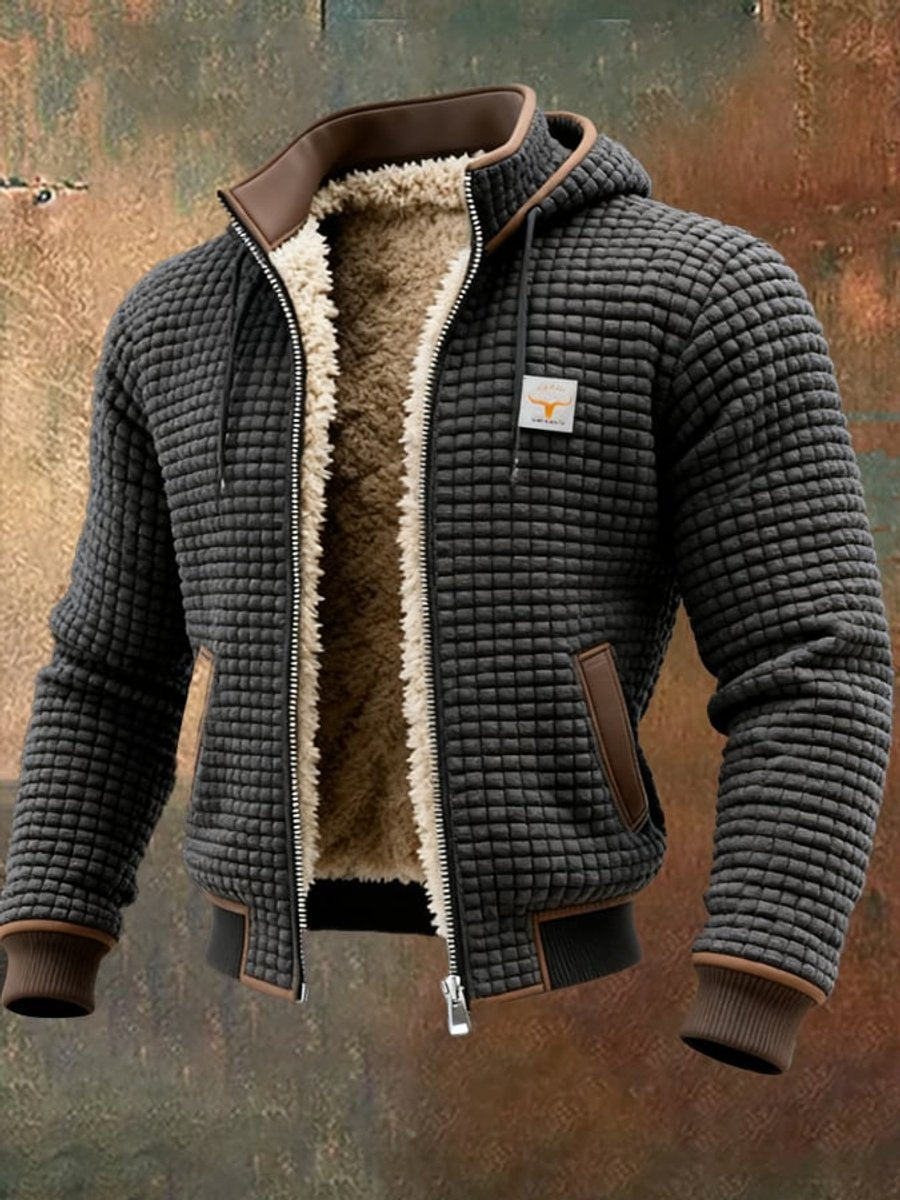 Men's quilted fleece-lined hooded zip-up thermal jacket by Christine Brewer featuring a warm, padded design with a front zipper and hood.
