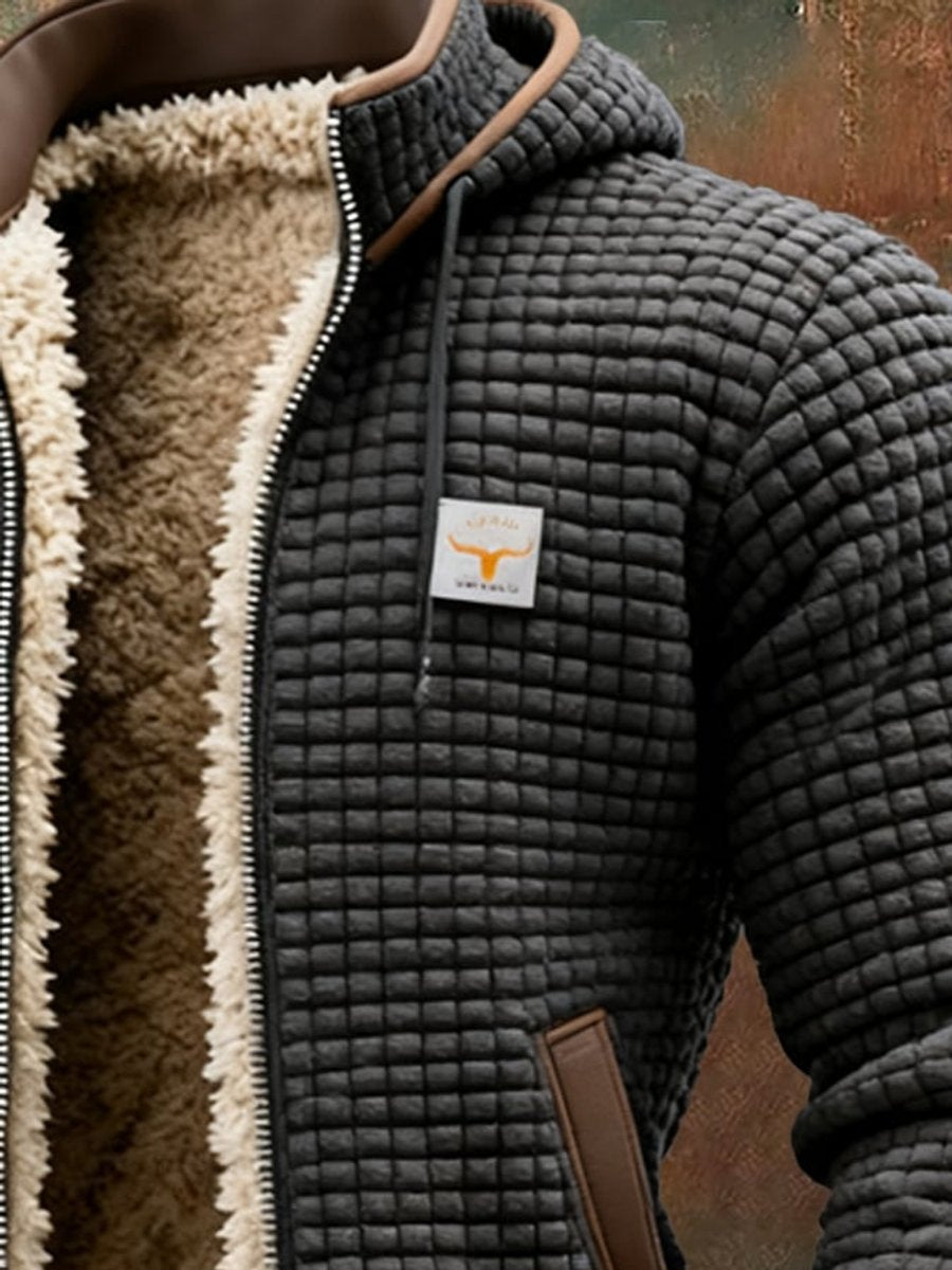 Men's quilted fleece-lined hooded zip-up thermal jacket by Christine Brewer with a warm fleece interior and quilted exterior.