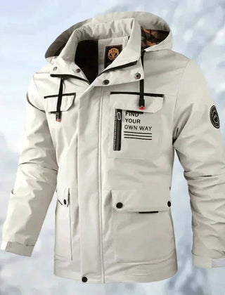 Men's quilted waterproof hooded outdoor coat by Christine Brewer, windproof jacket with insulated quilted design for outdoor activities.