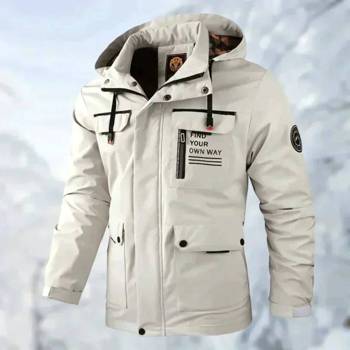 Men's quilted waterproof hooded outdoor coat by Christine Brewer, windproof jacket with insulated quilted design for outdoor activities.