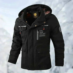 Men's quilted waterproof hooded outdoor coat by Christine Brewer, windproof jacket with padded quilted design and adjustable hood.