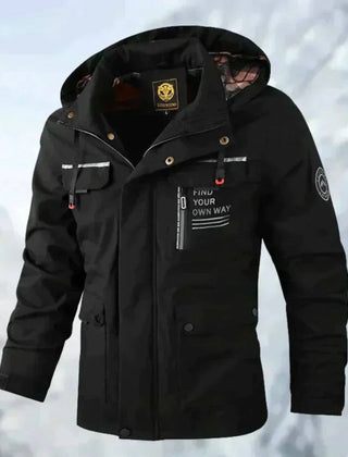 Men's quilted waterproof hooded outdoor coat by Christine Brewer, windproof jacket with padded quilted design and adjustable hood.