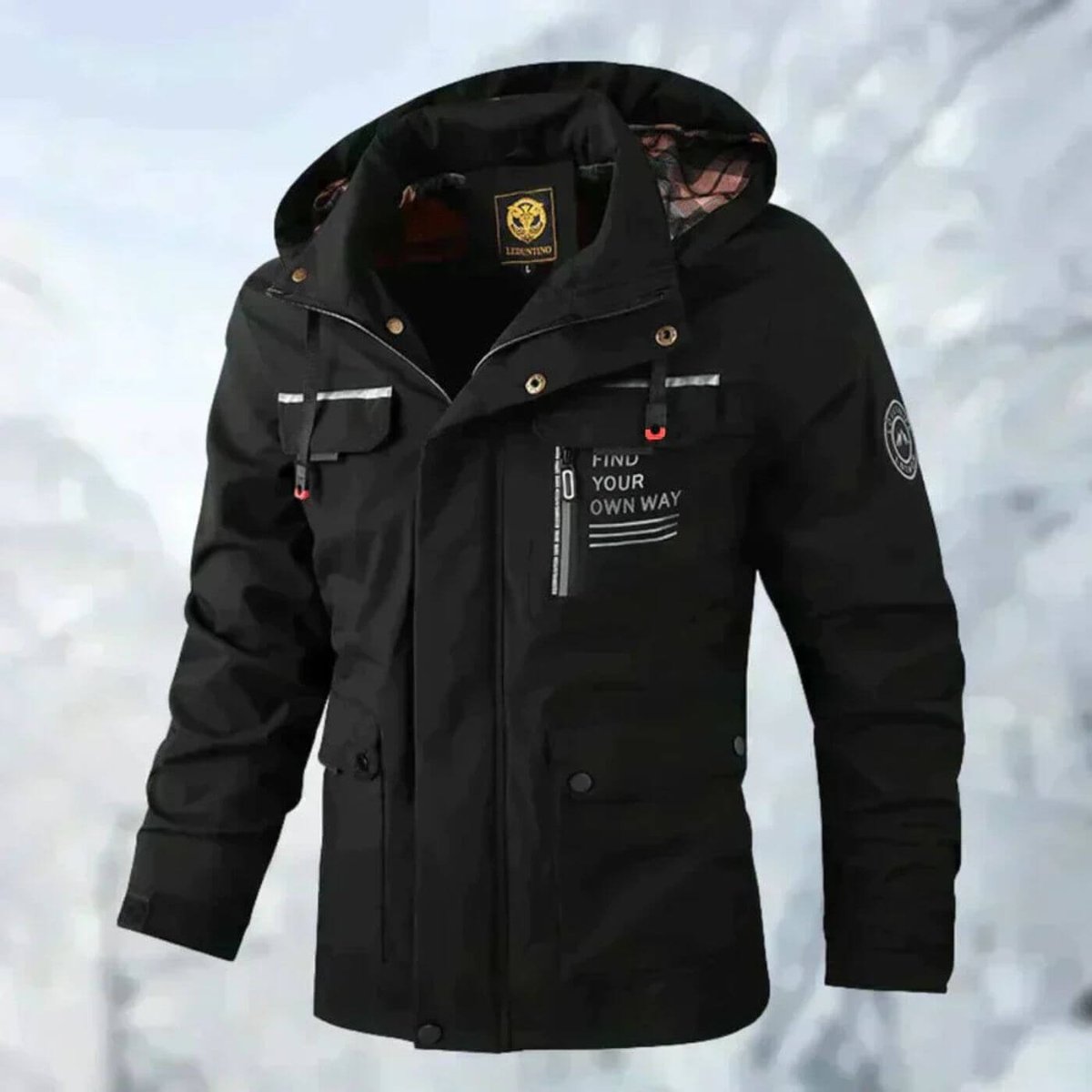 Men's quilted waterproof hooded outdoor coat by Christine Brewer, windproof jacket with padded quilted design and adjustable hood.