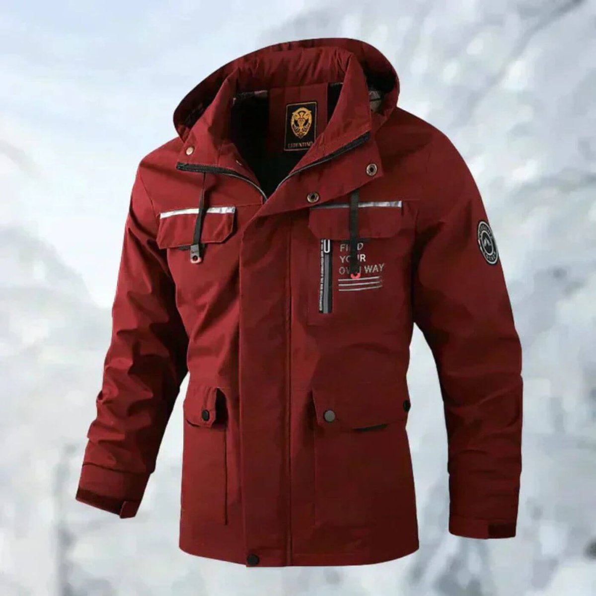 Men's quilted waterproof hooded outdoor coat by Christine Brewer, windproof jacket with quilted insulation and adjustable hood.