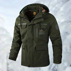 Men's quilted waterproof hooded outdoor coat by Christine Brewer, windproof jacket with a quilted design and adjustable hood.