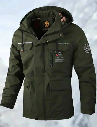 Men's quilted waterproof hooded outdoor coat by Christine Brewer, windproof jacket with a quilted design and adjustable hood.