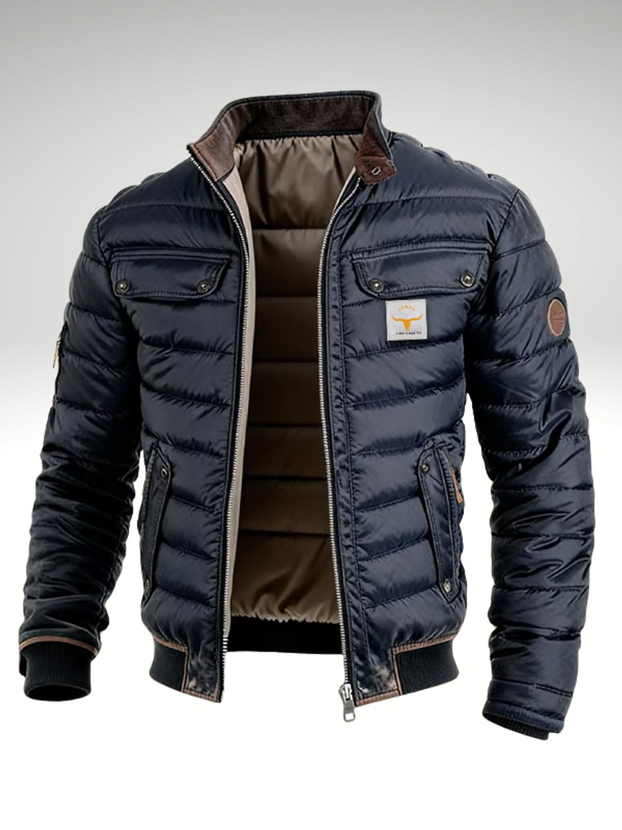 Men's quilted puffer jacket by Christine Brewer with padded insulation, stand collar, ideal for winter wear.