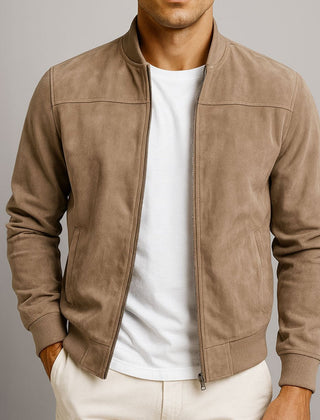 Slim-fit men's suede bomber jacket with quilted detailing, featuring a classic design and tailored fit from Christine Brewer.