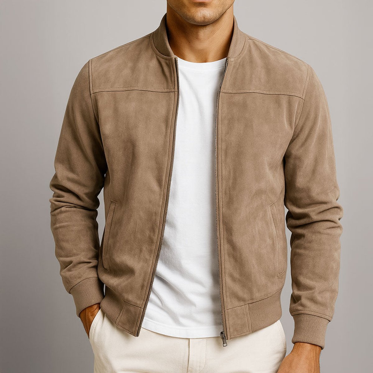 Slim-fit men's suede bomber jacket with quilted detailing, featuring a classic design and tailored fit from Christine Brewer.