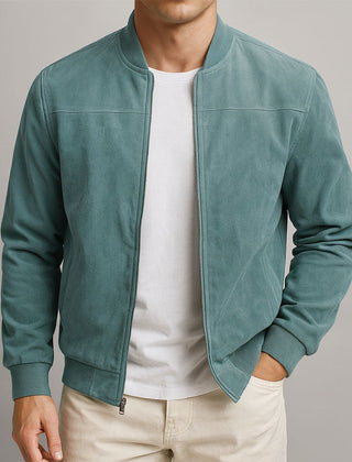 Men's slim-fit quilted suede bomber jacket by Christine Brewer featuring a classic design with a quilted pattern and ribbed cuffs.