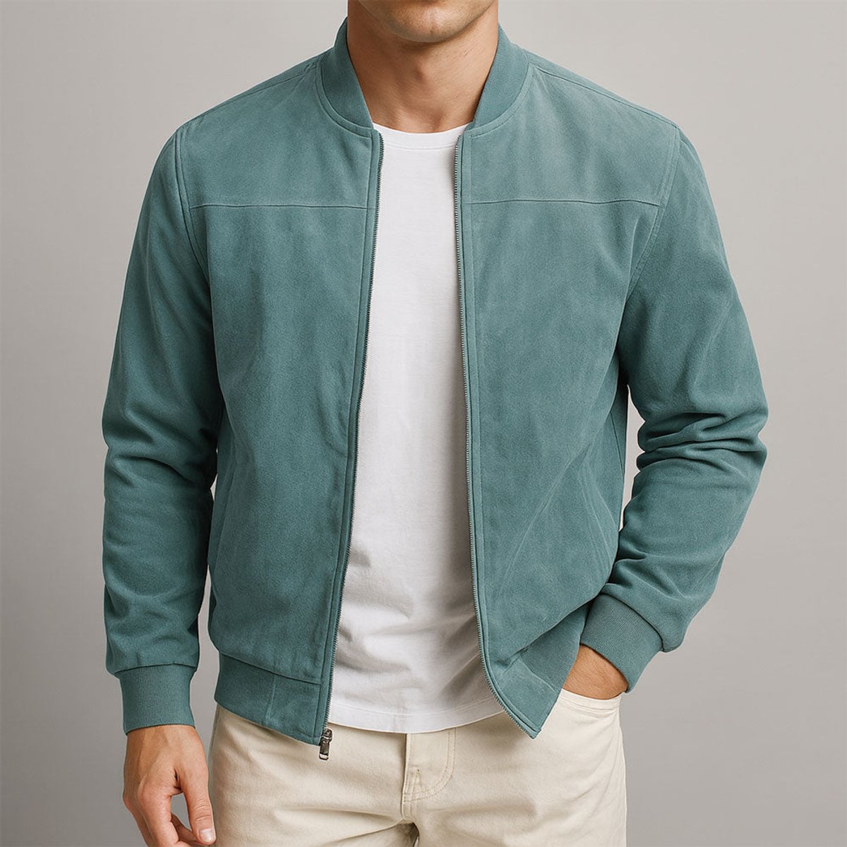 Men's slim-fit quilted suede bomber jacket by Christine Brewer featuring a classic design with a quilted pattern and ribbed cuffs.