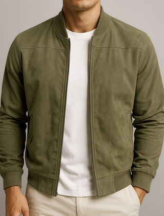 Men's slim-fit quilted suede bomber jacket by Christine Brewer, featuring a stylish design with a front zipper and ribbed cuffs.