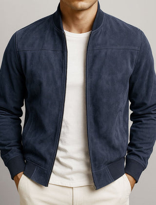 Men's slim-fit quilted suede bomber jacket by Christine Brewer, featuring a stylish design and textured suede material.