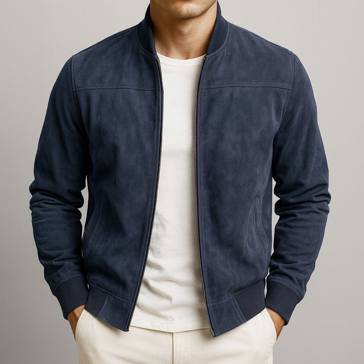 Men's slim-fit quilted suede bomber jacket by Christine Brewer, featuring a stylish design and textured suede material.