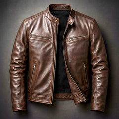 Men's quilted faux leather biker jacket with full zip, vintage style, by Christine Brewer, featuring a classic leather look.