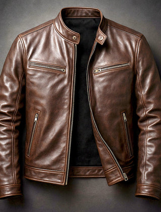 Men's quilted faux leather biker jacket with full zip, vintage style, by Christine Brewer, featuring a classic leather look.