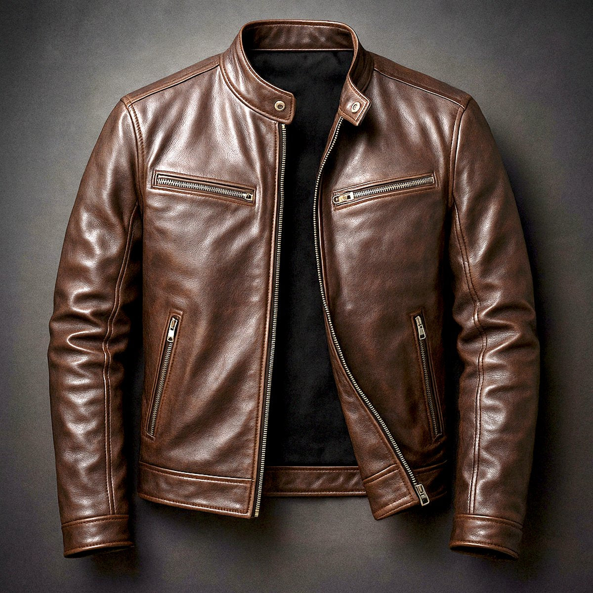 Men's quilted faux leather biker jacket with full zip, vintage style, by Christine Brewer, featuring a classic leather look.