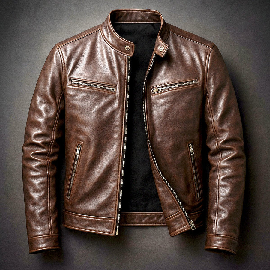 Men's quilted faux leather biker jacket with full zip, vintage style, by Christine Brewer, featuring a classic leather look.