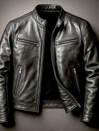 Men's quilted faux leather jacket in vintage biker style with full-zip closure, by Christine Brewer.