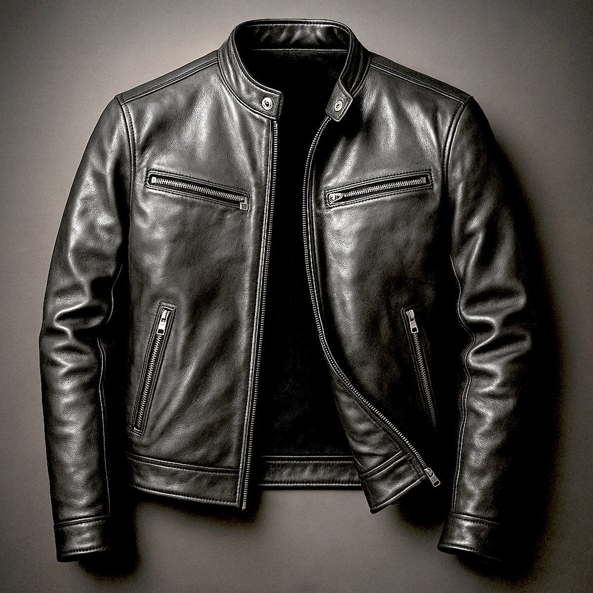 Men's quilted faux leather jacket in vintage biker style with full-zip closure, by Christine Brewer.
