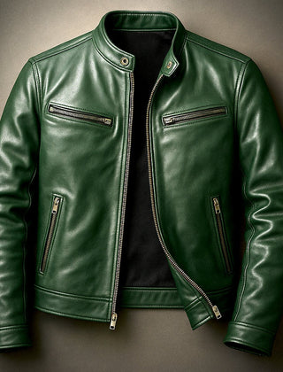 Men's quilted faux leather biker jacket by Christine Brewer, vintage style with full-zip front and quilted design.