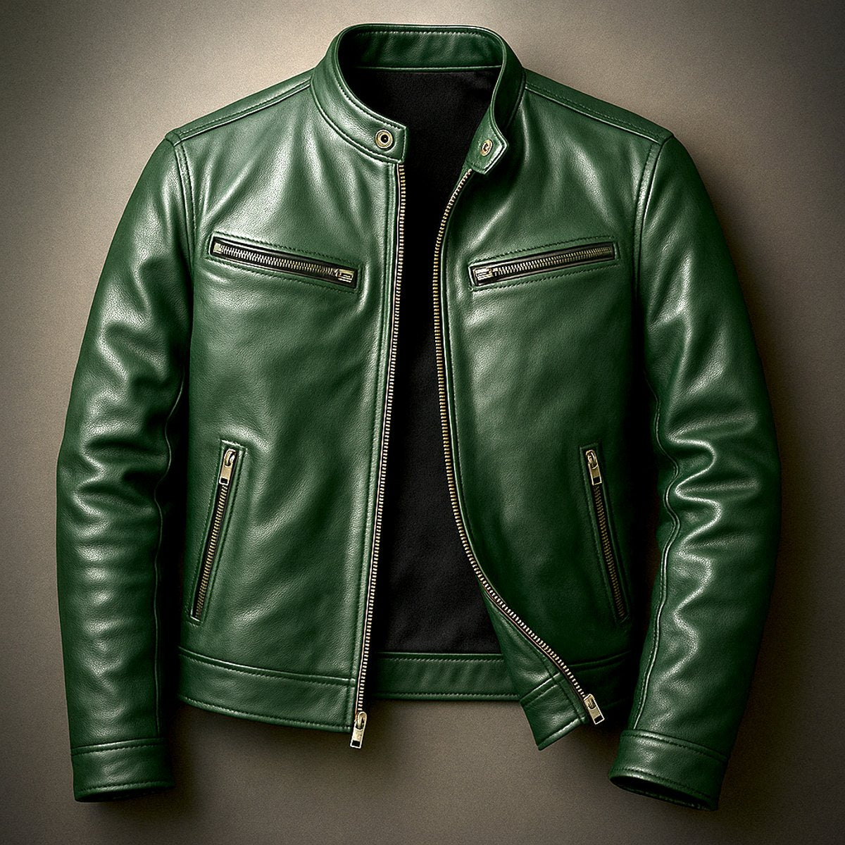 Men's quilted faux leather biker jacket by Christine Brewer, vintage style with full-zip front and quilted design.