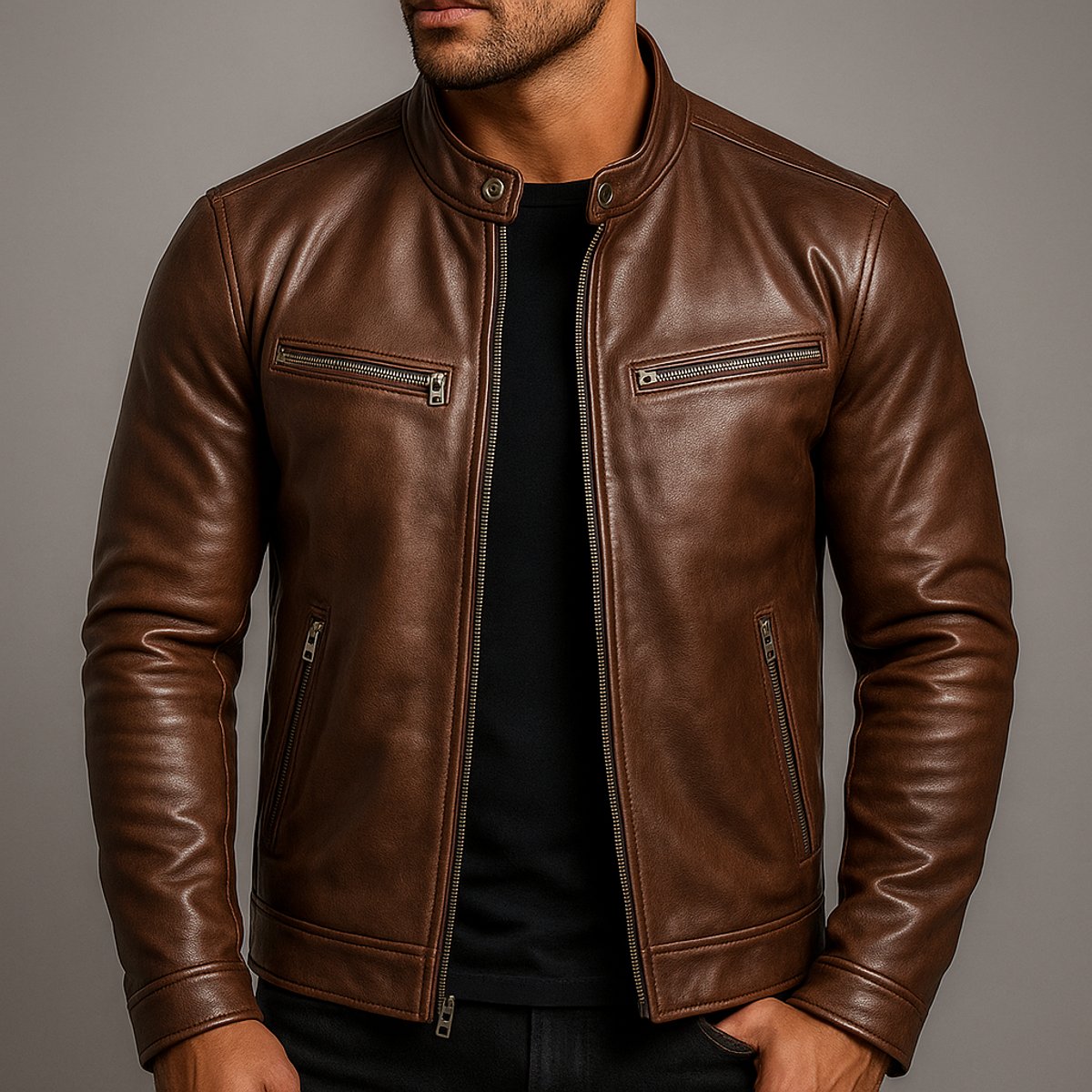 Men's quilted faux leather biker jacket in vintage style with full-zip closure, featuring a rugged leather-look design.