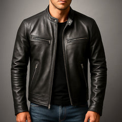 Mens quilted faux leather jacket in vintage biker style with full-zip front, featuring a classic biker look by Christine Brewer.