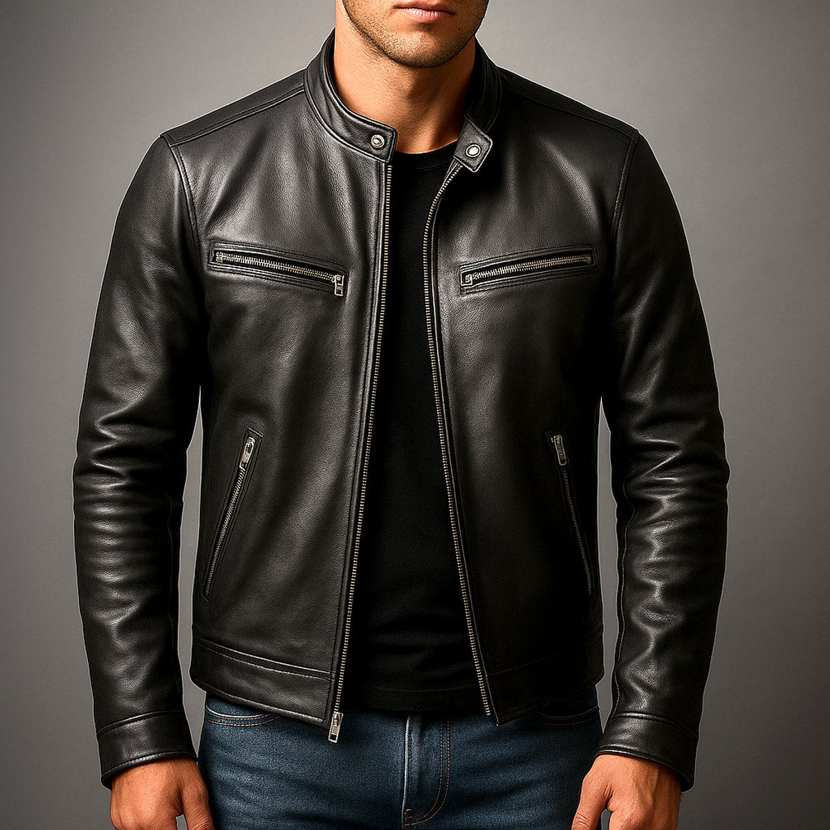 Mens quilted faux leather jacket in vintage biker style with full-zip front, featuring a classic biker look by Christine Brewer.