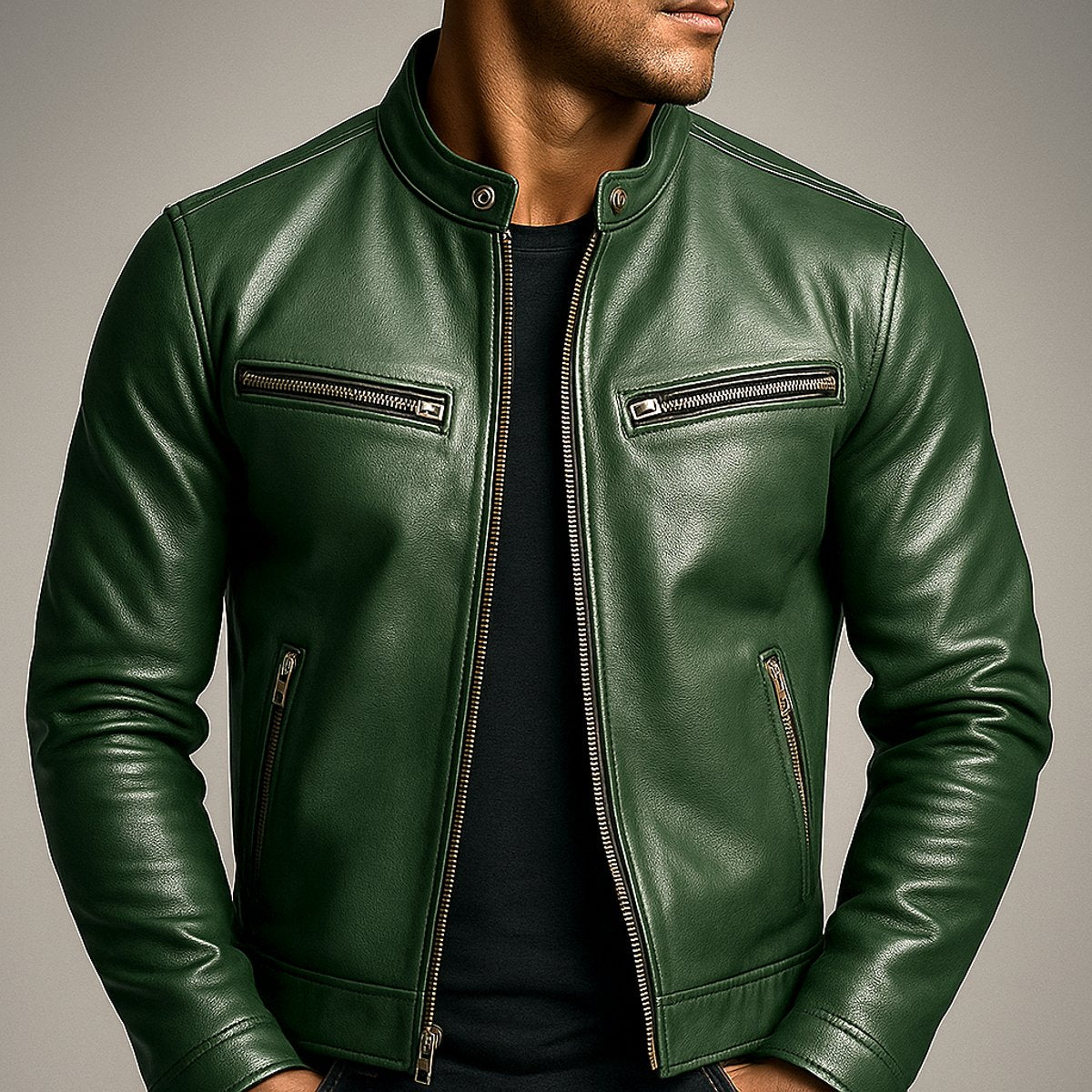 Men's quilted faux leather biker jacket with full zip, vintage style from Christine Brewer.