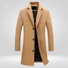 Men's wool coat by Christine Brewer, single-breasted long overcoat with a classic tailored fit, shown on a male model.